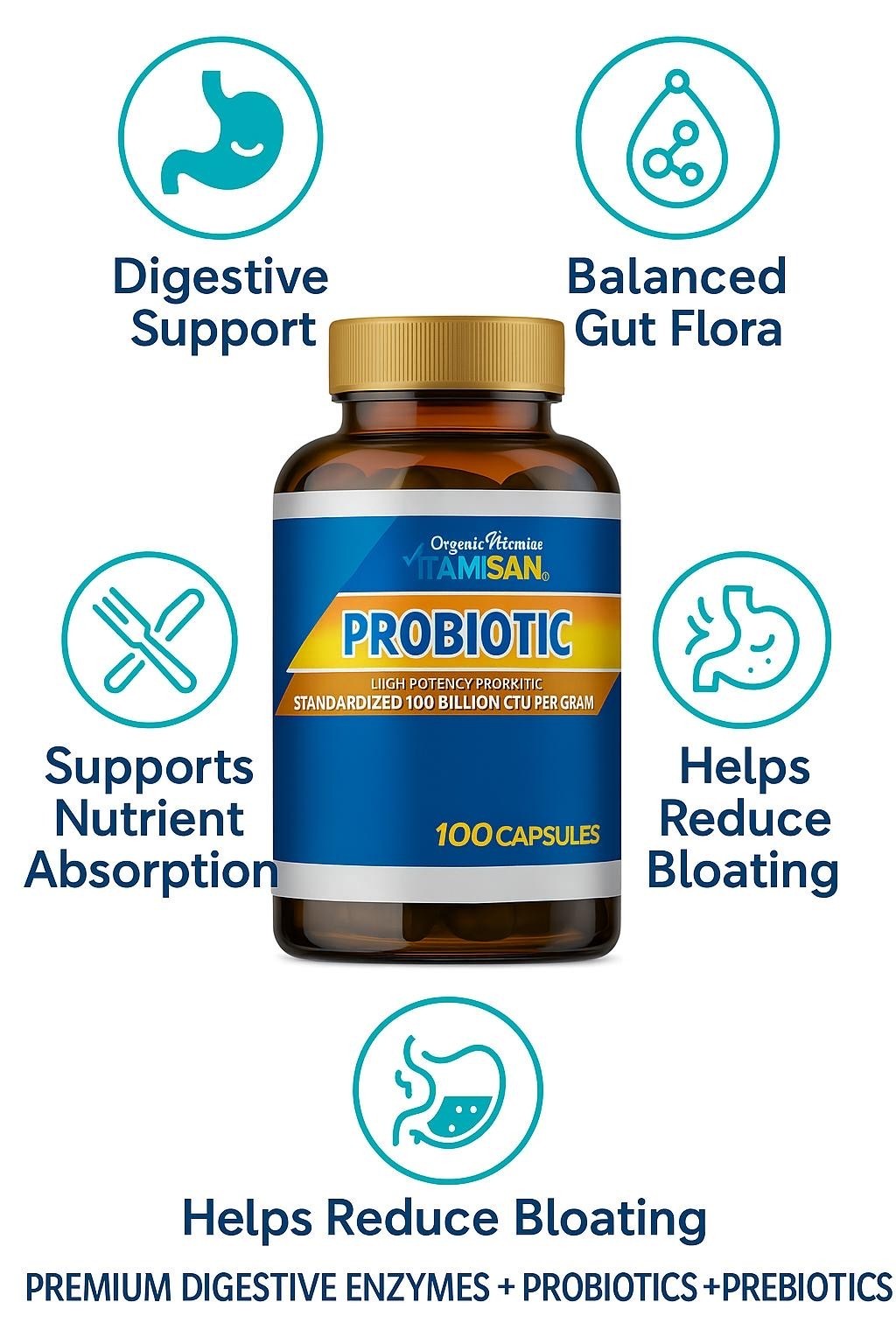 Probiotics 100 Billion CFU Potency Digestive Immune Health Gut Health Supplement