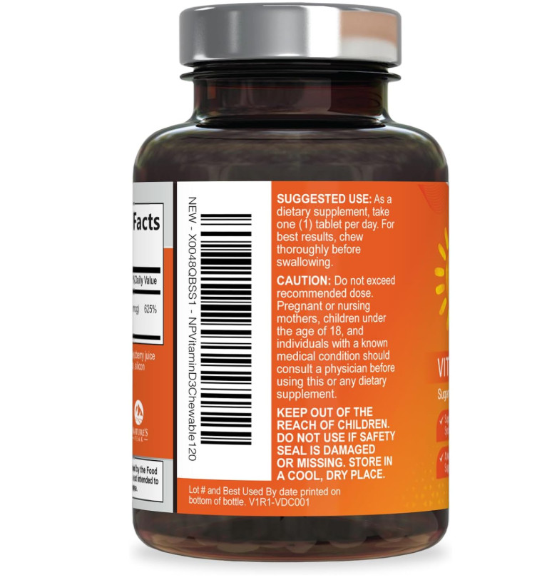 Vitamin D3 5000 IU 125mcg Chewable Tablets Raspberry Immune Bone Health 120 Coun