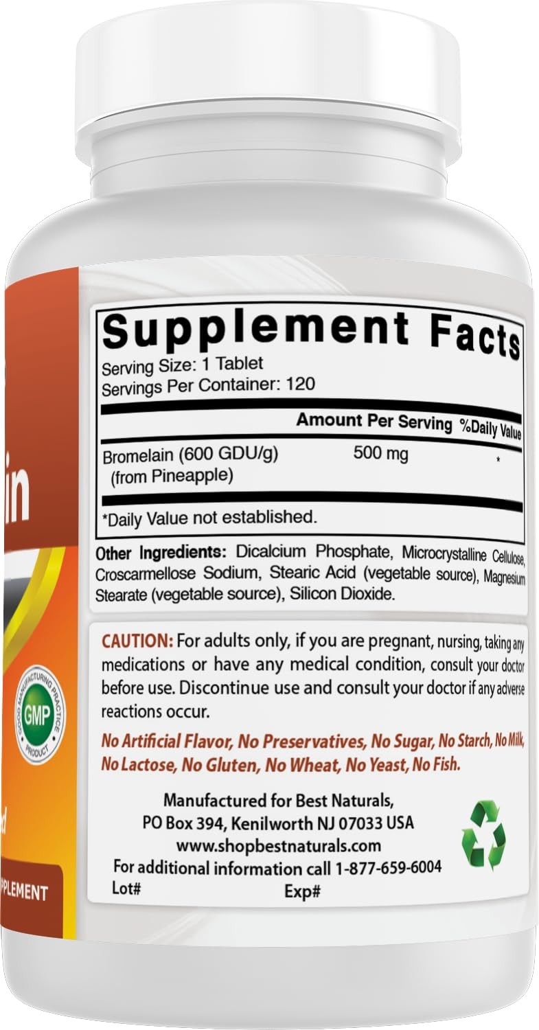 Best Naturals Bromelain Proteolytic Digestive 120 Count (Pack of 1), White
