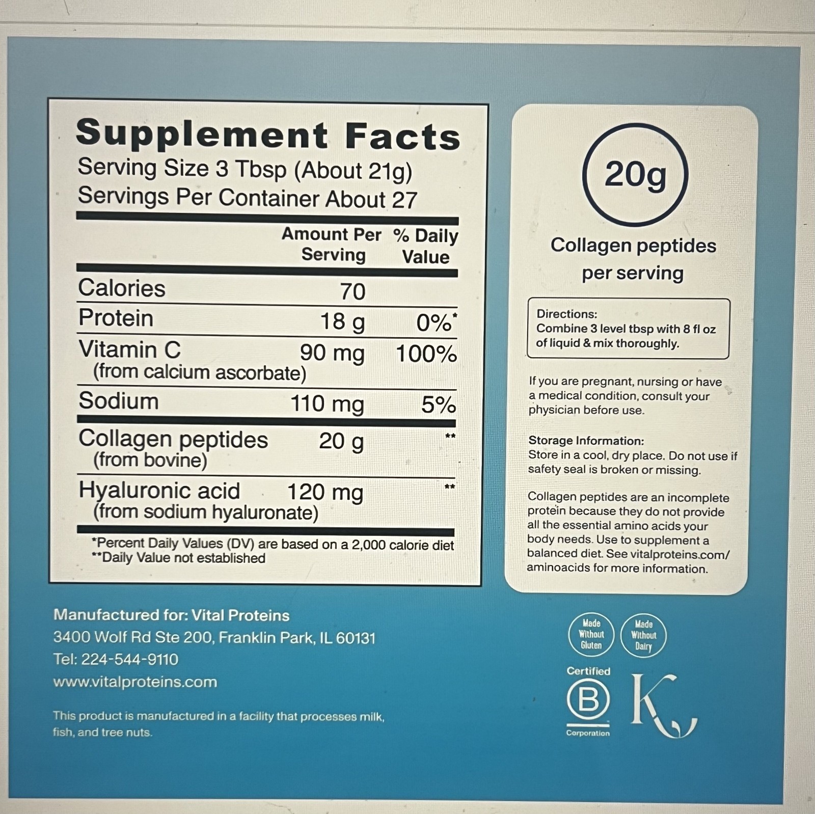 Vital Proteins Collagen Peptides Powder Hyaluronic Acid & Vitamin 27 serving
