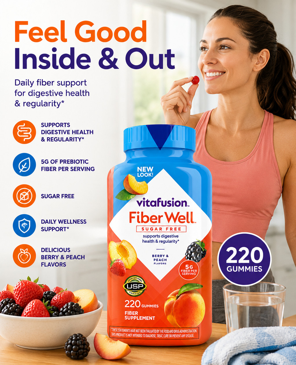 Vitafusion Fiber Well Sugar Free Gummies 220 Ct Digestive Health Fiber