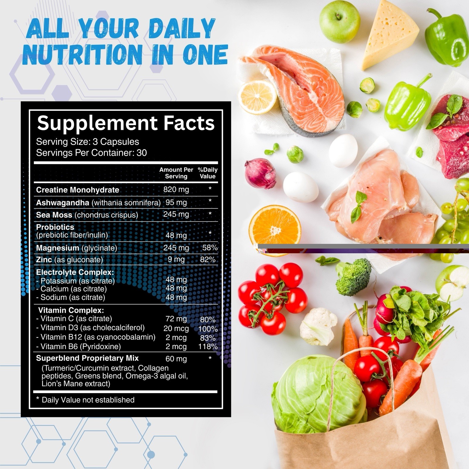 ALL-IN-ONE Supplement Creatine Capsules, Ashwagandha, Sea Moss, Magnesium