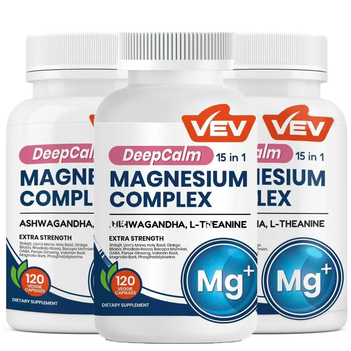 1-3 Pack VEV DeepCalm 15 in 1 Magnesium Glycinate & Citrate Complex 120 Capsules