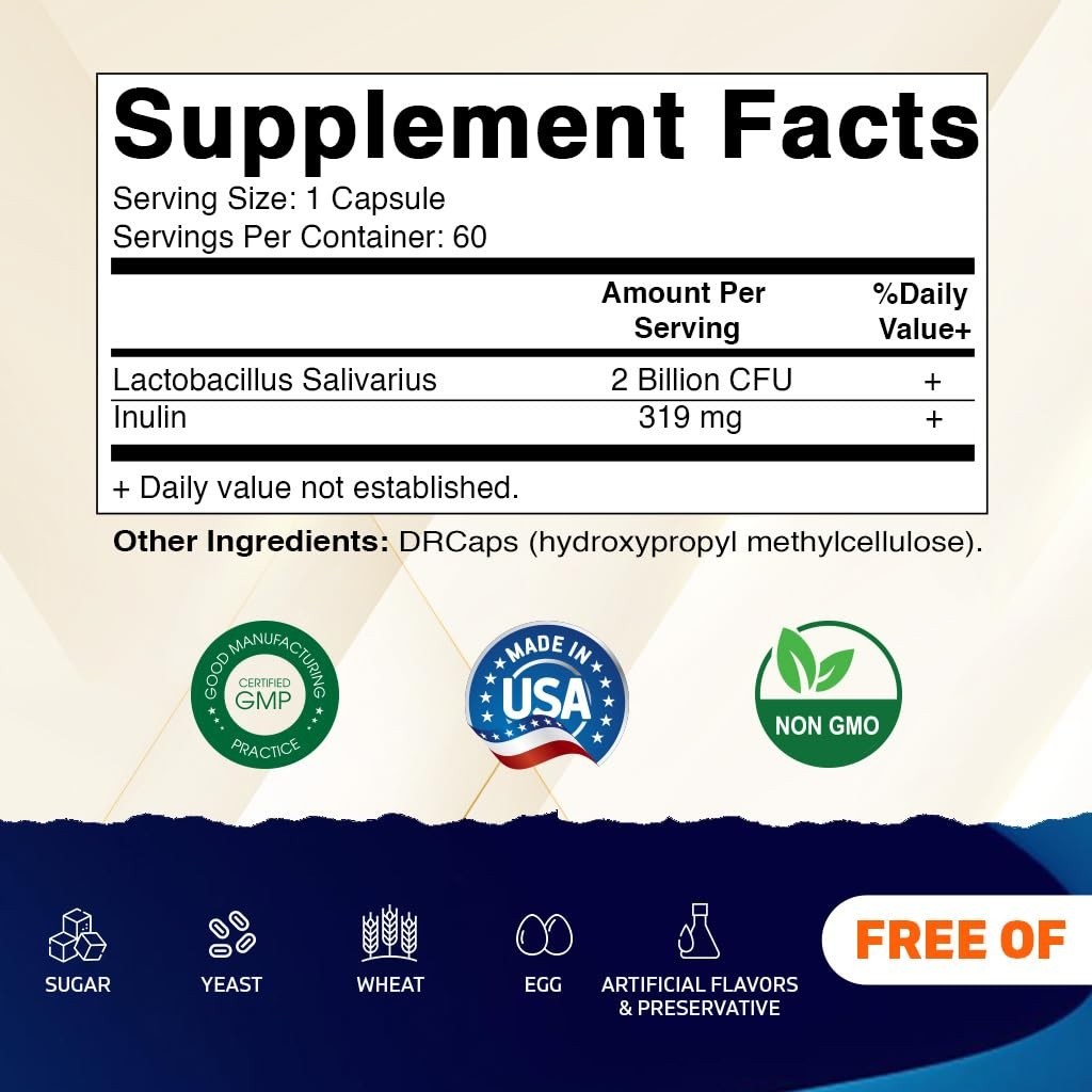Lactobacillus Salivarius Probiotic Capsules 2 Billion CFU – 60 Count Digestive S