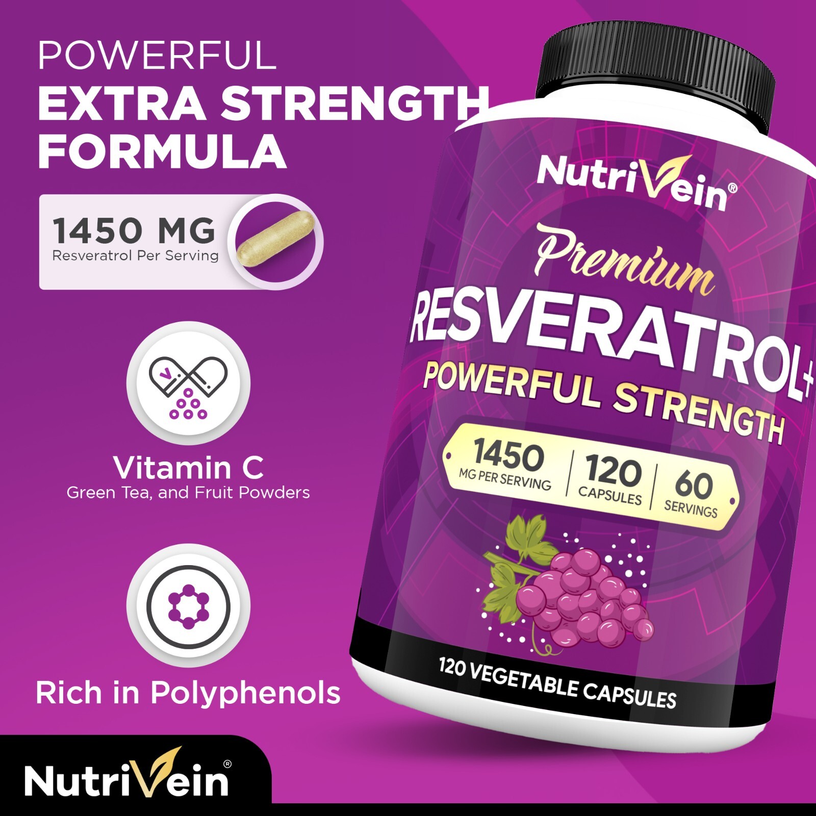 Nutrivein Resveratrol 1450mg – 120 Capsules – Anti-Aging Antioxidant Supplement