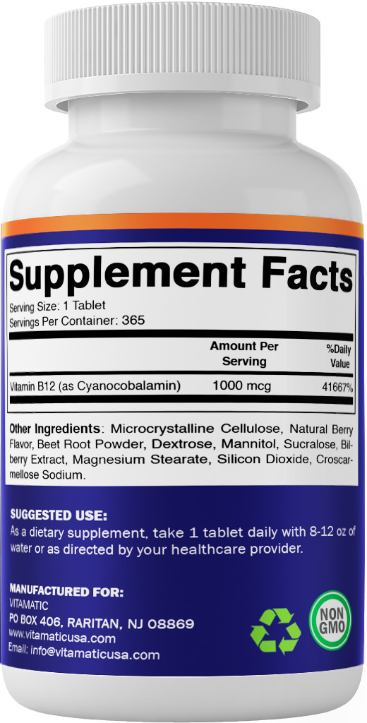 (2 Pack) Vitamatic Vitamin B12 1000 mcg Fast Dissolve 365 Tablets-Berry Flavor