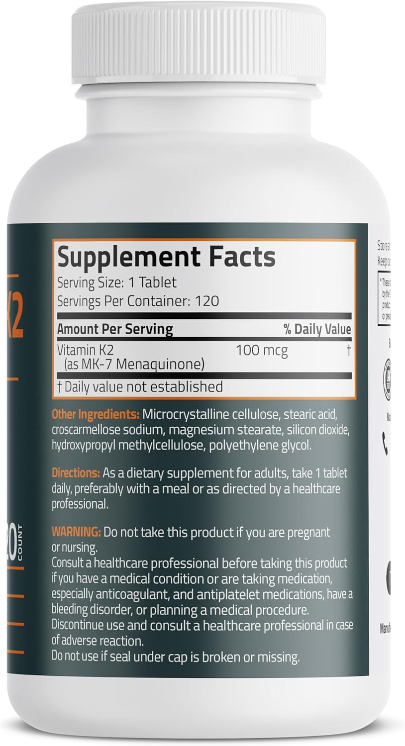 Vitamin K2 MK-7 100 MCG, K2 as MK7 Menaquinone, Bone Support Non-Gmo, 120ct, 1pk