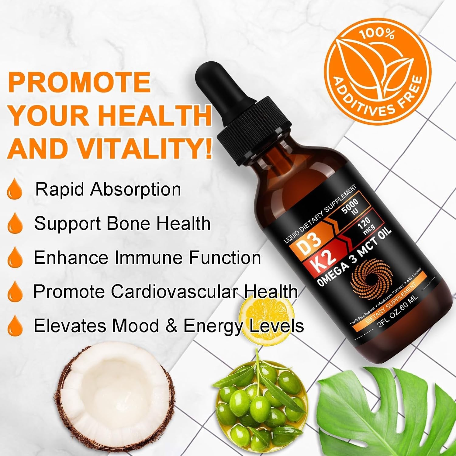 Daiasns Vitamin D3 5000 IU & K2 (MK-7) 120 mcg 60ml Drops with MCT Oil Omega 3,