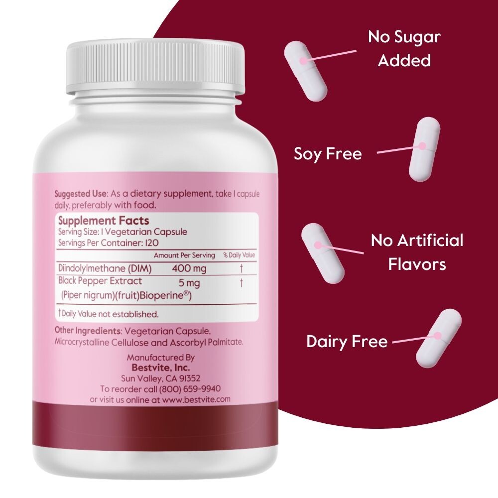 BESTVITE DIM (Diindolylmethane) 400mg with Bioperine (120 Vegetarian Capsules)