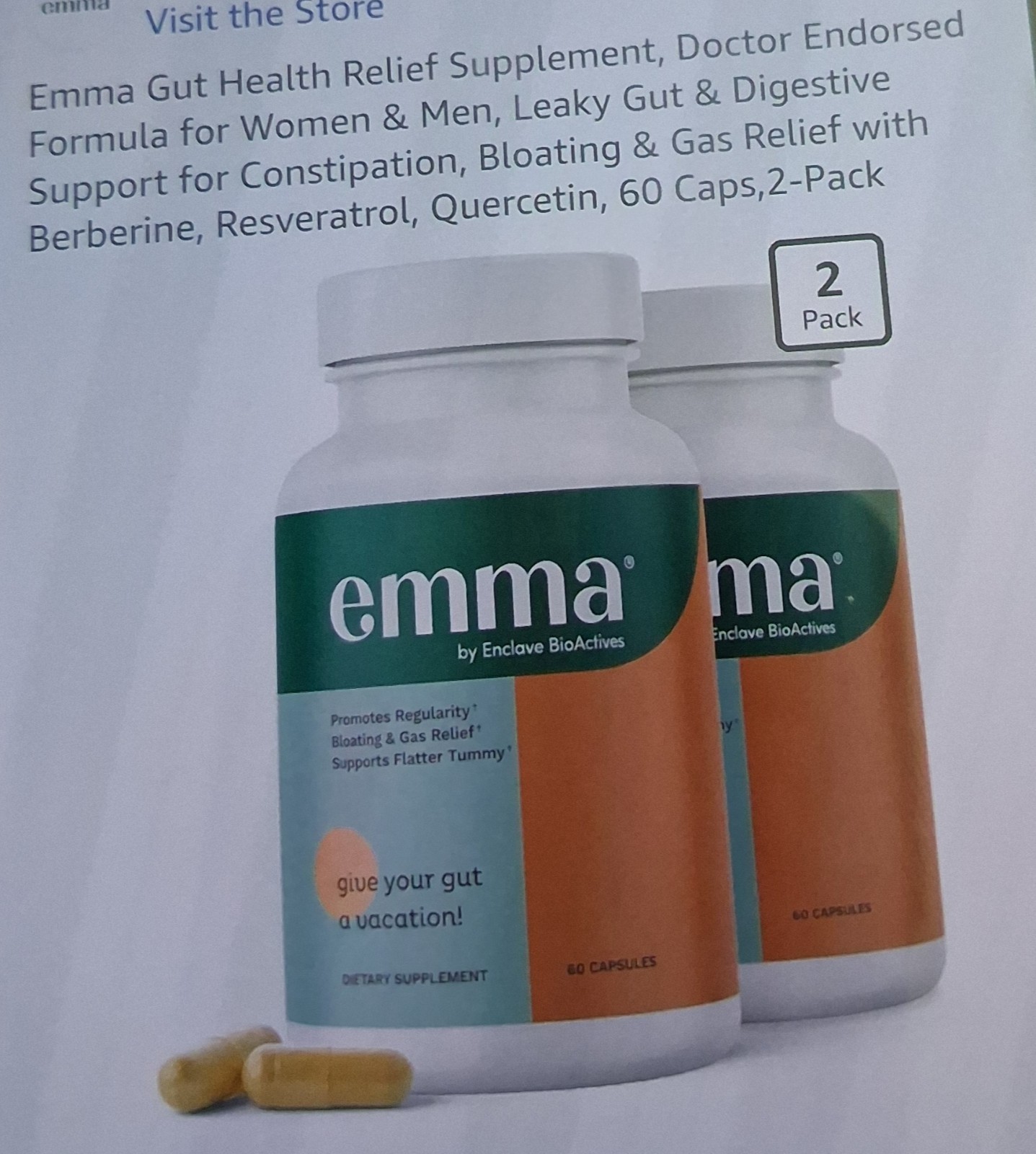 2 Pack Emma Gut Health Supplement 180 Capsules for Bloating Relief & Leaky Gut