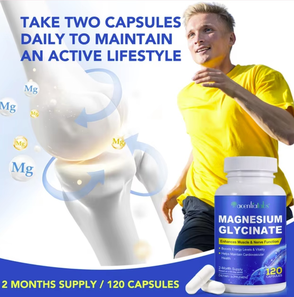 Magnesium Glycinate 1040mg 120 Capsules for Calm Stress, Sleep, Leg Cramp, Heart