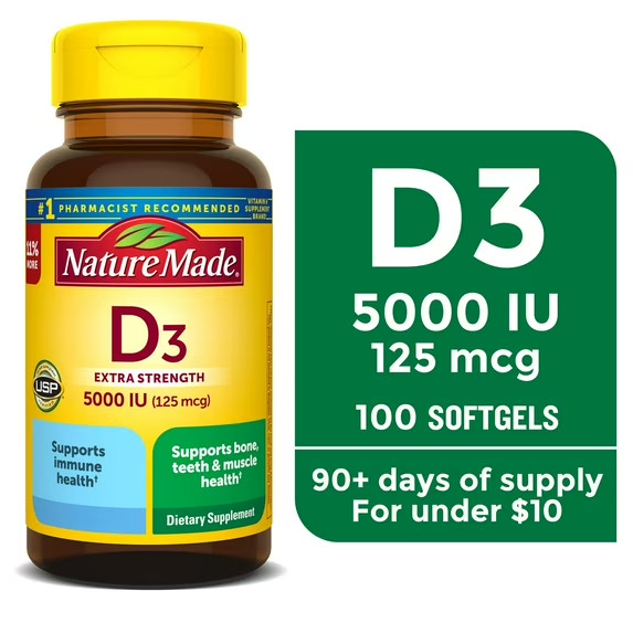 Nature Made Extra Strength Vitamin D3 5000 IU (125 mcg) Softgels ,100 counts