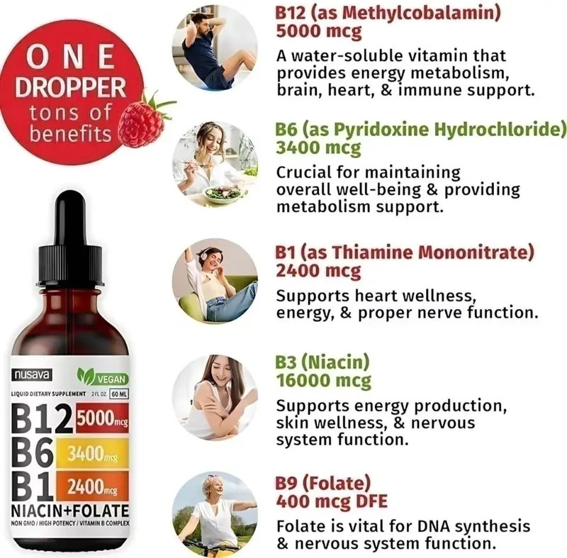 Nusava Vitamin B12+B6 Liquid Drops 5 Pack Sublingual Energv & Brain Support