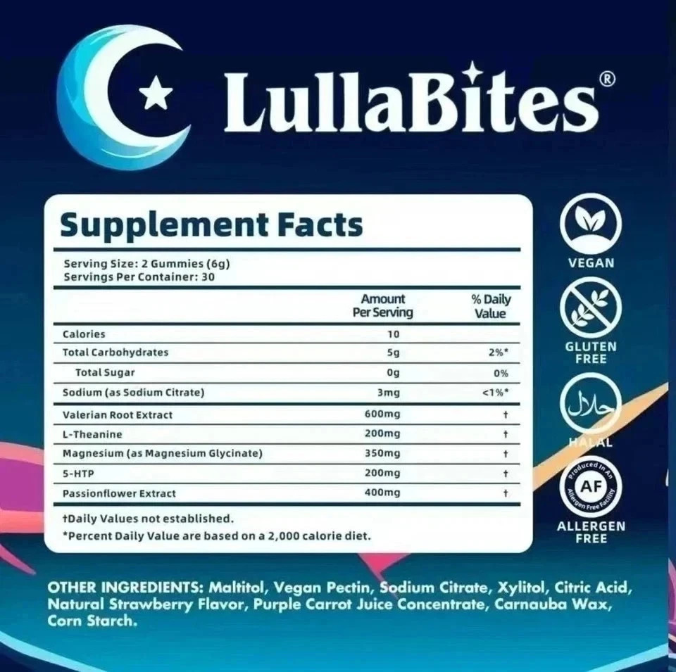 Brand new LullaBites Natural Sleep Gummies Made in USA 60 Gummies-30 Servings US