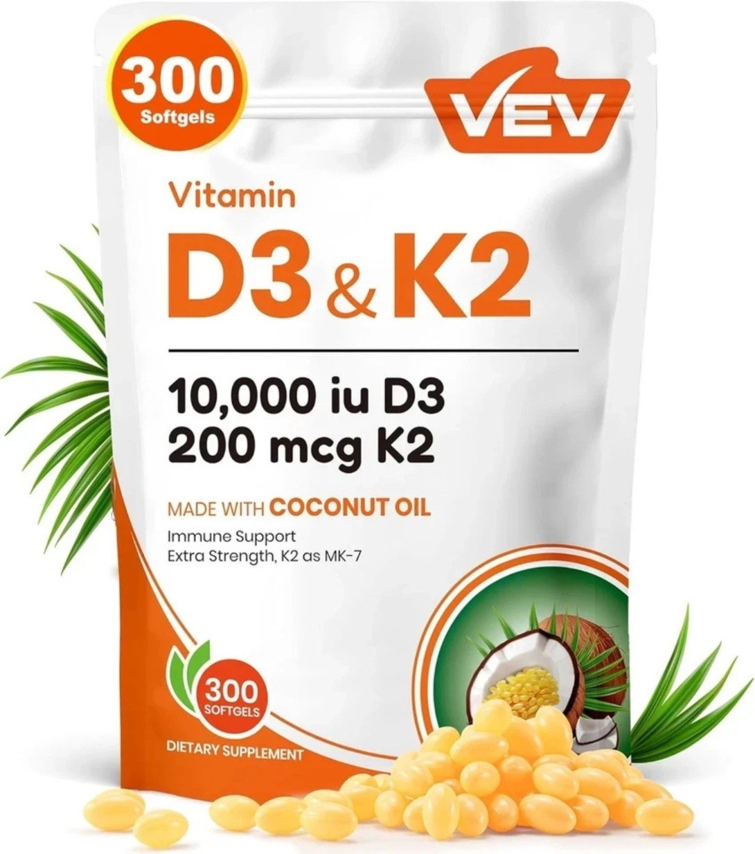 VEV Vitamin D3 Con K2 10000 IU, 300 Virgin Coconut Oil Softgels, 2 in 1 latest