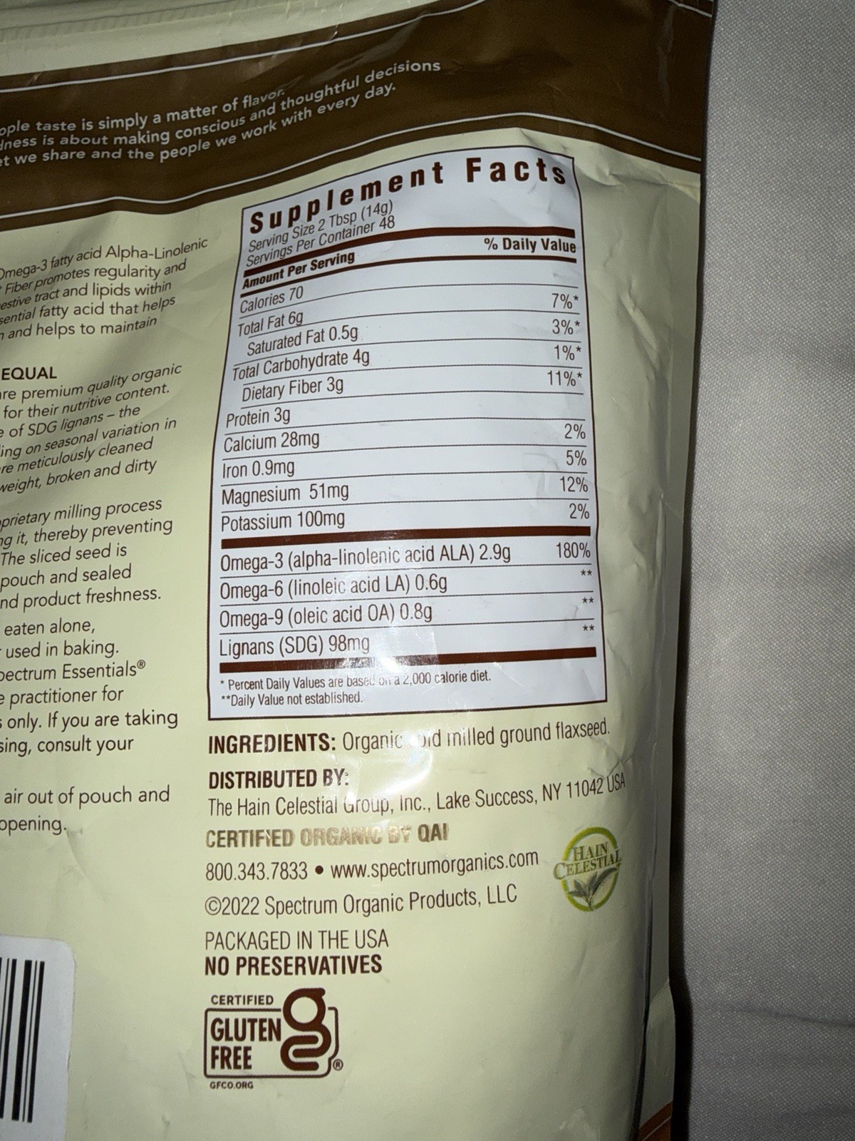 Spectrum Essentials Flaxseed Cold Milled Organic Ground Premium Large 24oz Bag