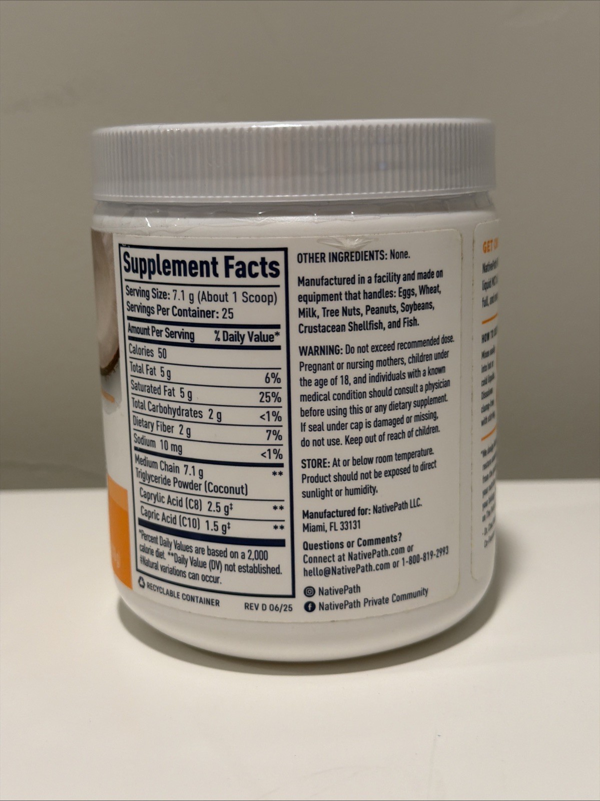 NativePath MCT Oil Coconut Powder, Energy, Keto, 25 Servings, Exp 08/27 SEALED