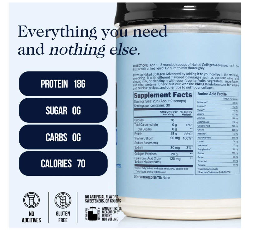 Naked Collagen Advanced 1.3lb Peptides Hyaluronic Acid Vitamin C Grass Fed Keto