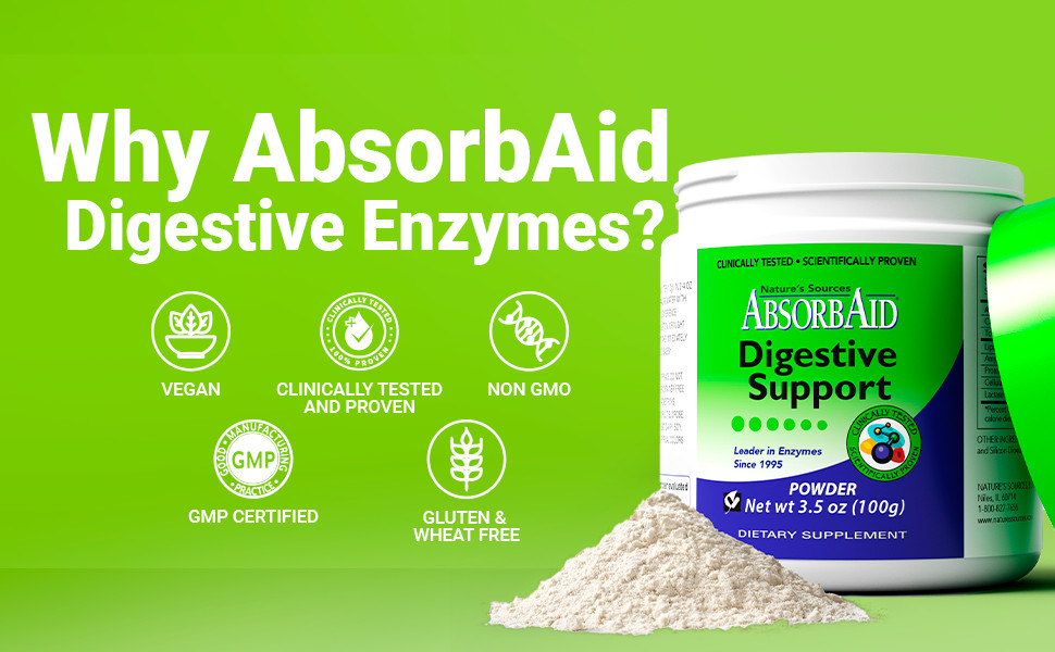 AbsorbAid 100g Powder -Natural Digestive Enzymes for gas, bloating & acid reflux