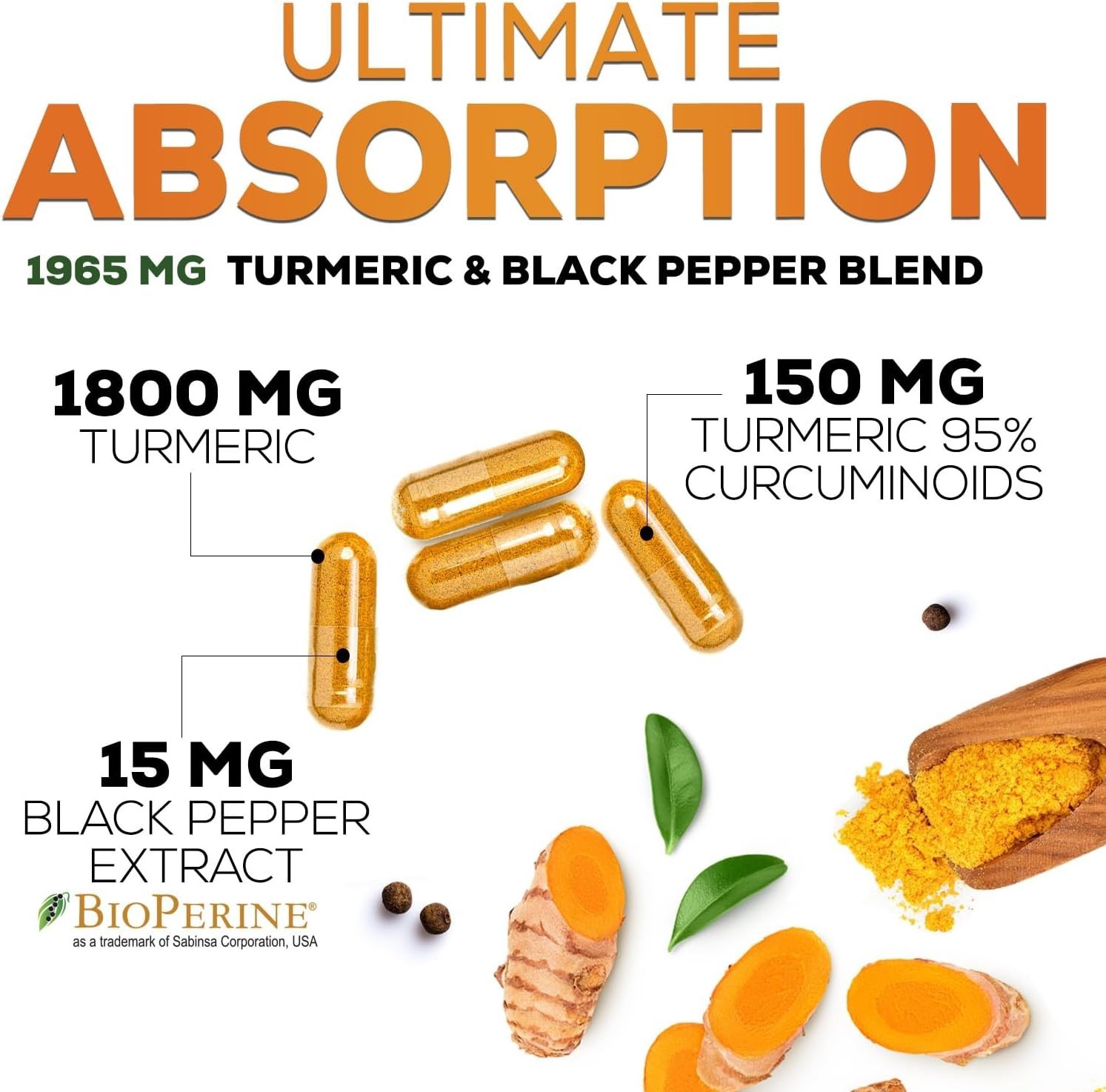 Turmeric Curcumin Highest Potency 95% 1950mg with BioPerine Black Pepper Extract