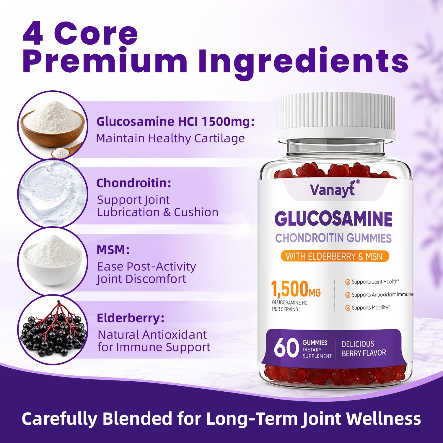1500mg Glucosamine Chondroitin Gummies MSM Triple Strength Joint Support 60Ct