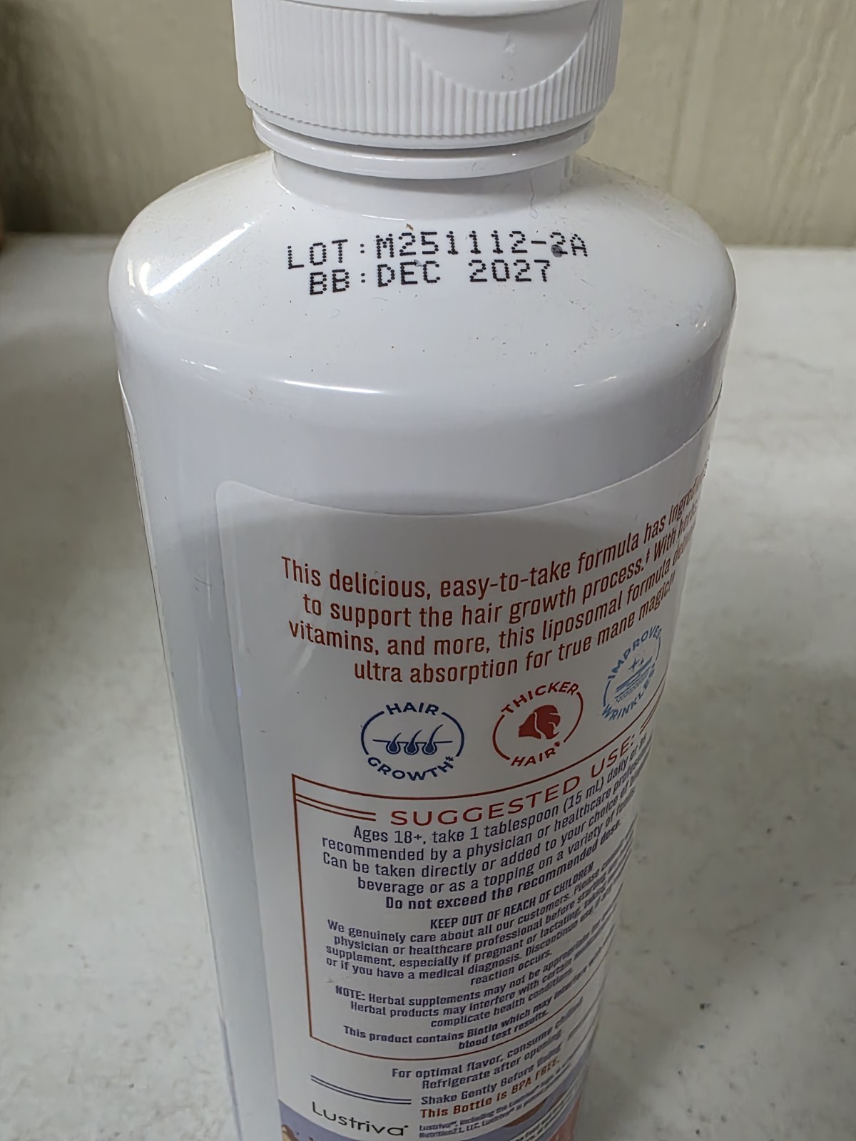Organics Lustriva Liposomal Hair Growth Liquid Supplement 15.22oz New 12/2027