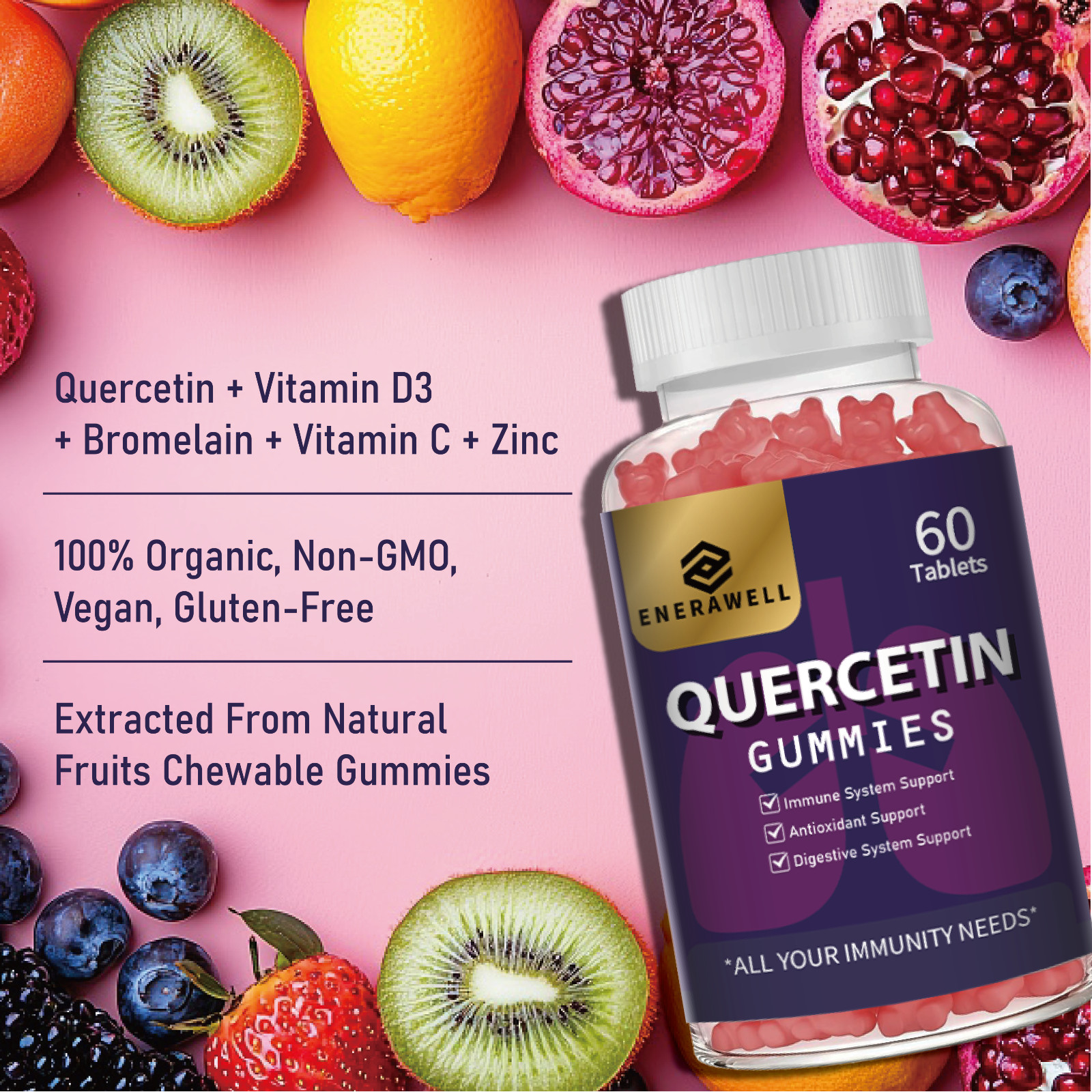 Quercetin Gummies 500mg with Bromelain Vitamin C D3 Zinc & Elderberry 02/07/2027