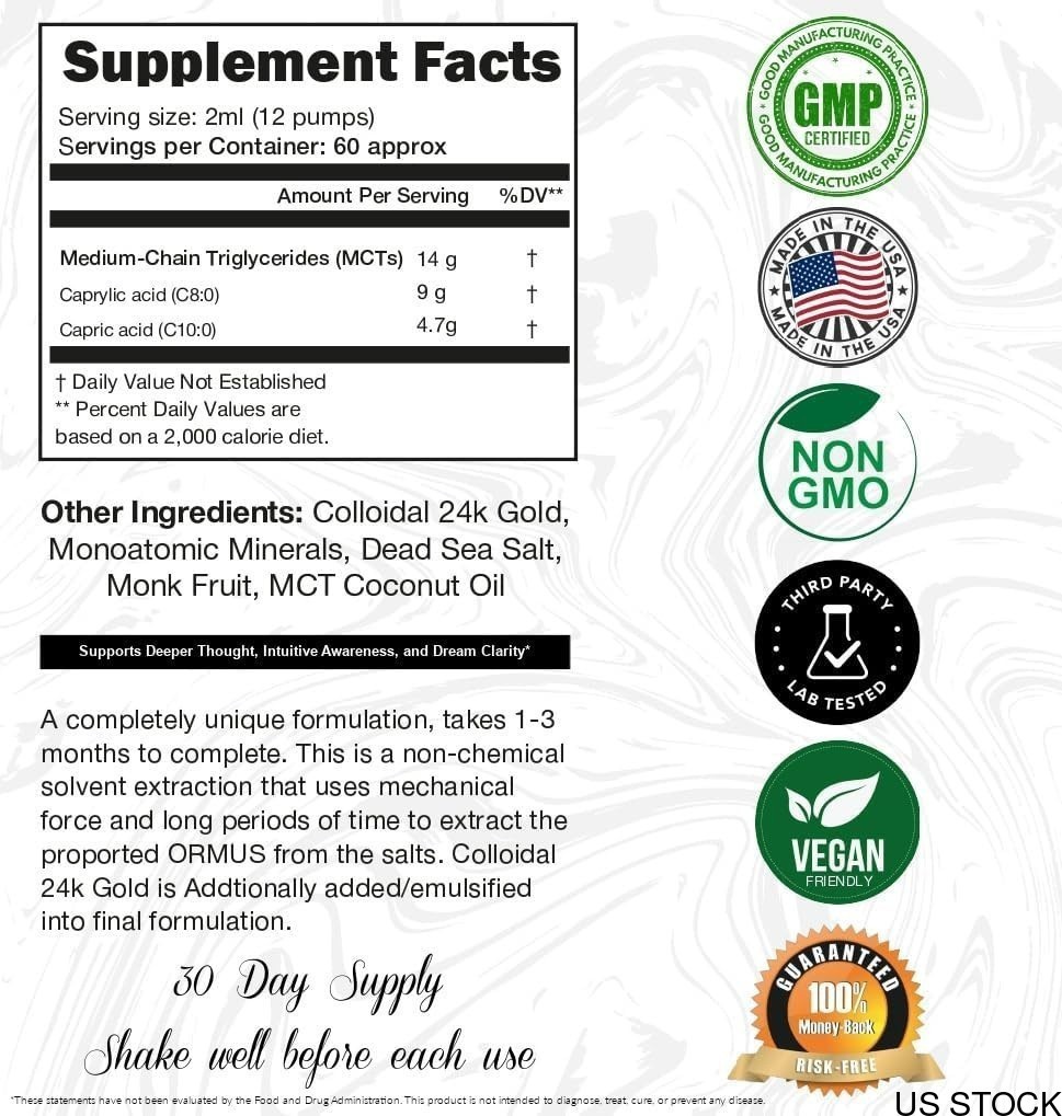 Advanced 4oz 120ml Monoatomic Ormus Gold Oil Fluid Pineal Decalcification DNA Re