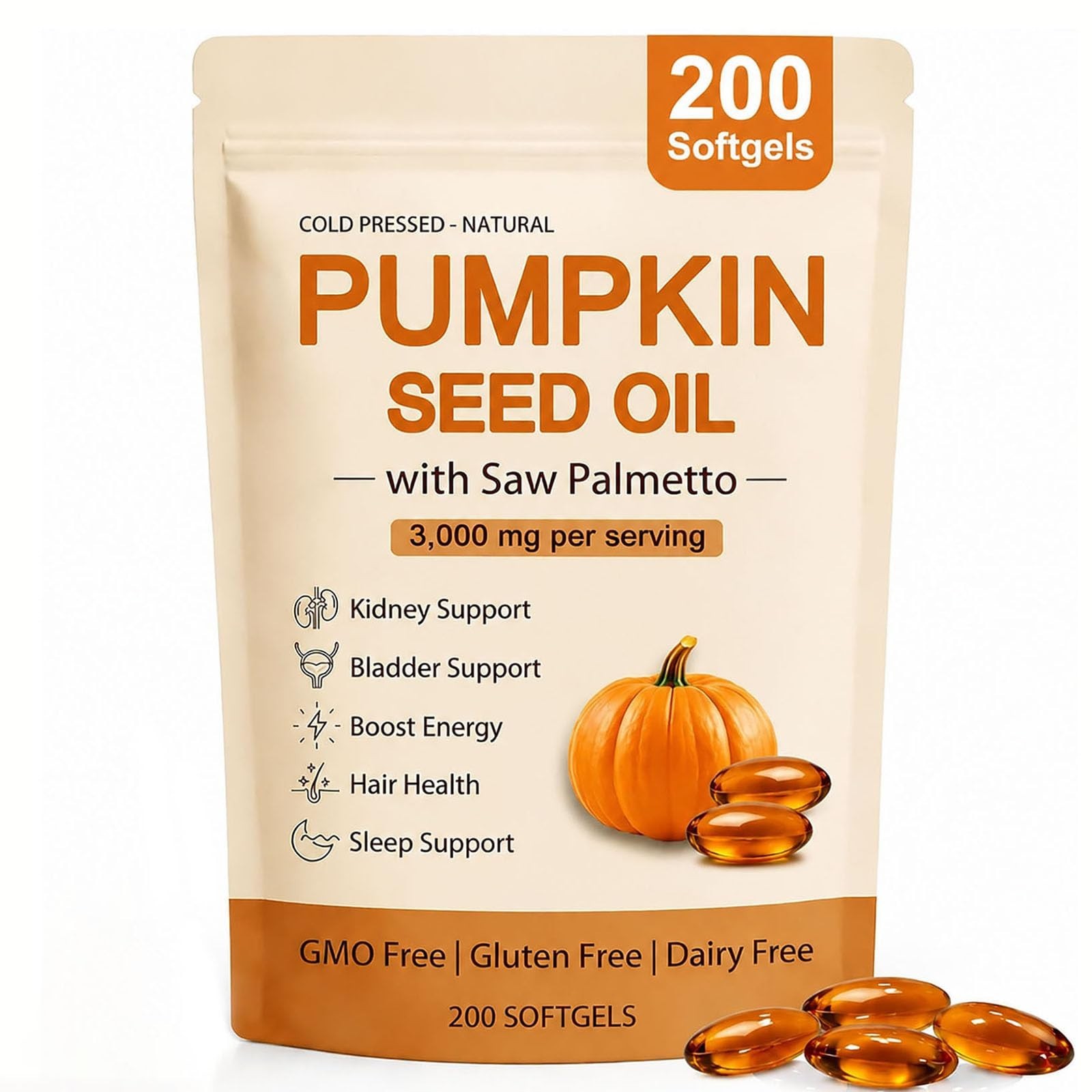 Pumpkin Seed Oil Softgels 3000mg with Saw Palmetto – Kidney Support, Hair Growth