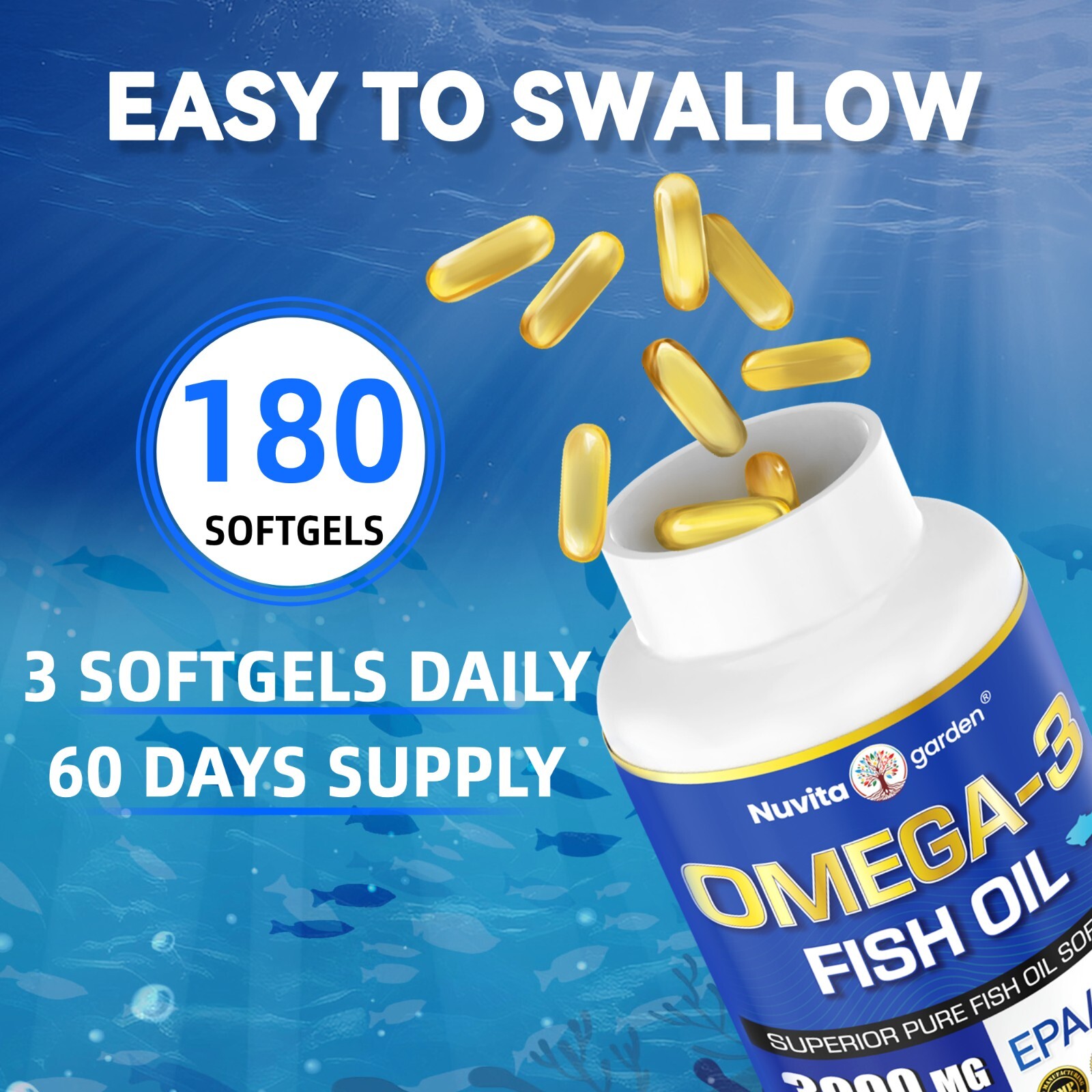 2 Pack 3000mg Omega 3 Fish Oil Supplement w/EPA & DHA,360 Softgels