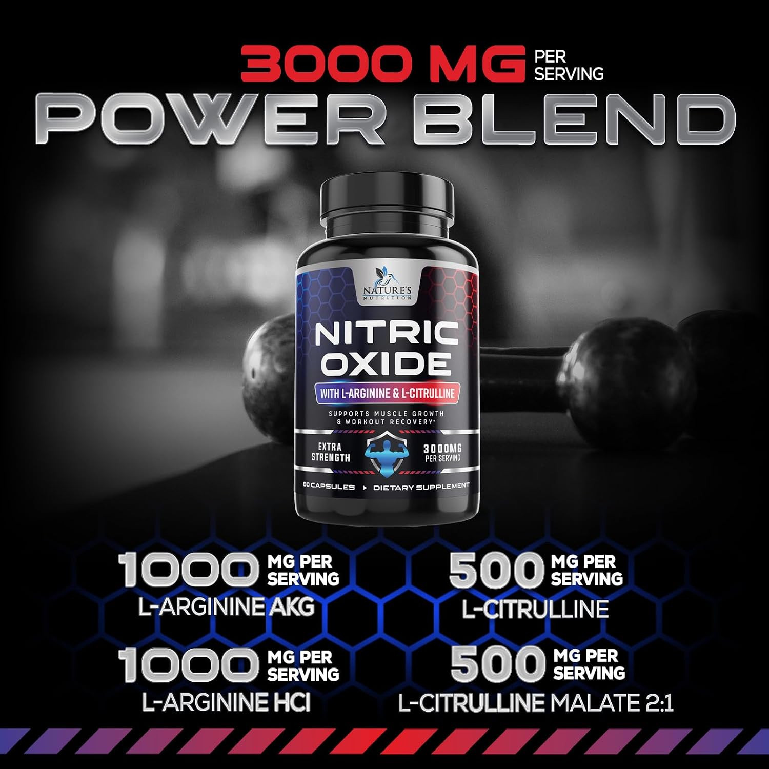 Nitric Oxide Booster 3000mg L-Arginine 3X Extra Strength Capsules