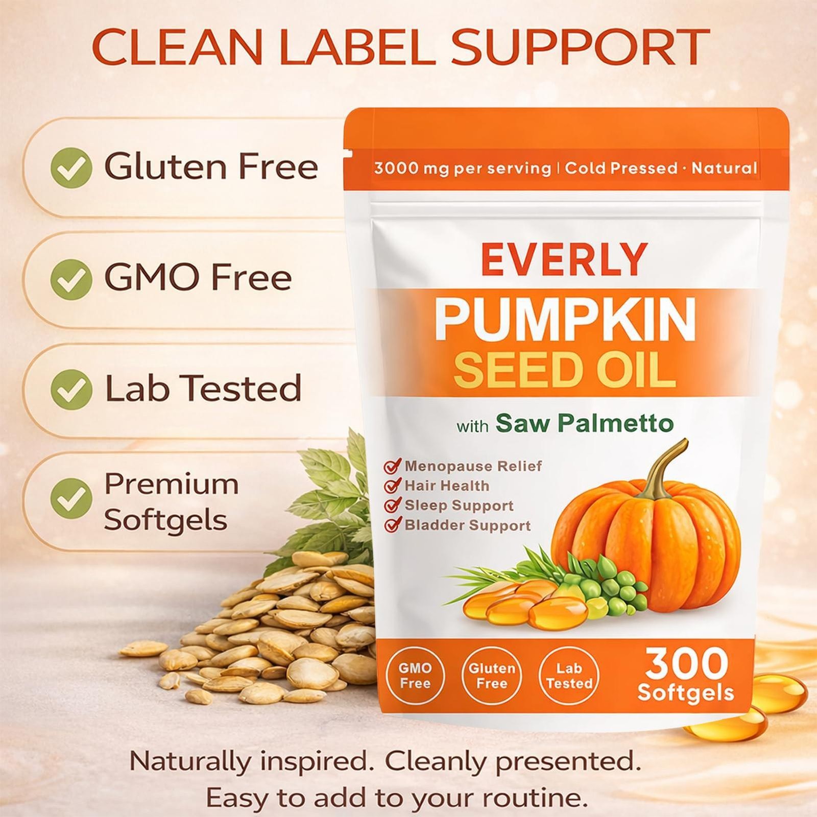 Seed Oil with Saw Palmetto, 300 Softgels, Cold Pressed Pumpkin Seed Oil