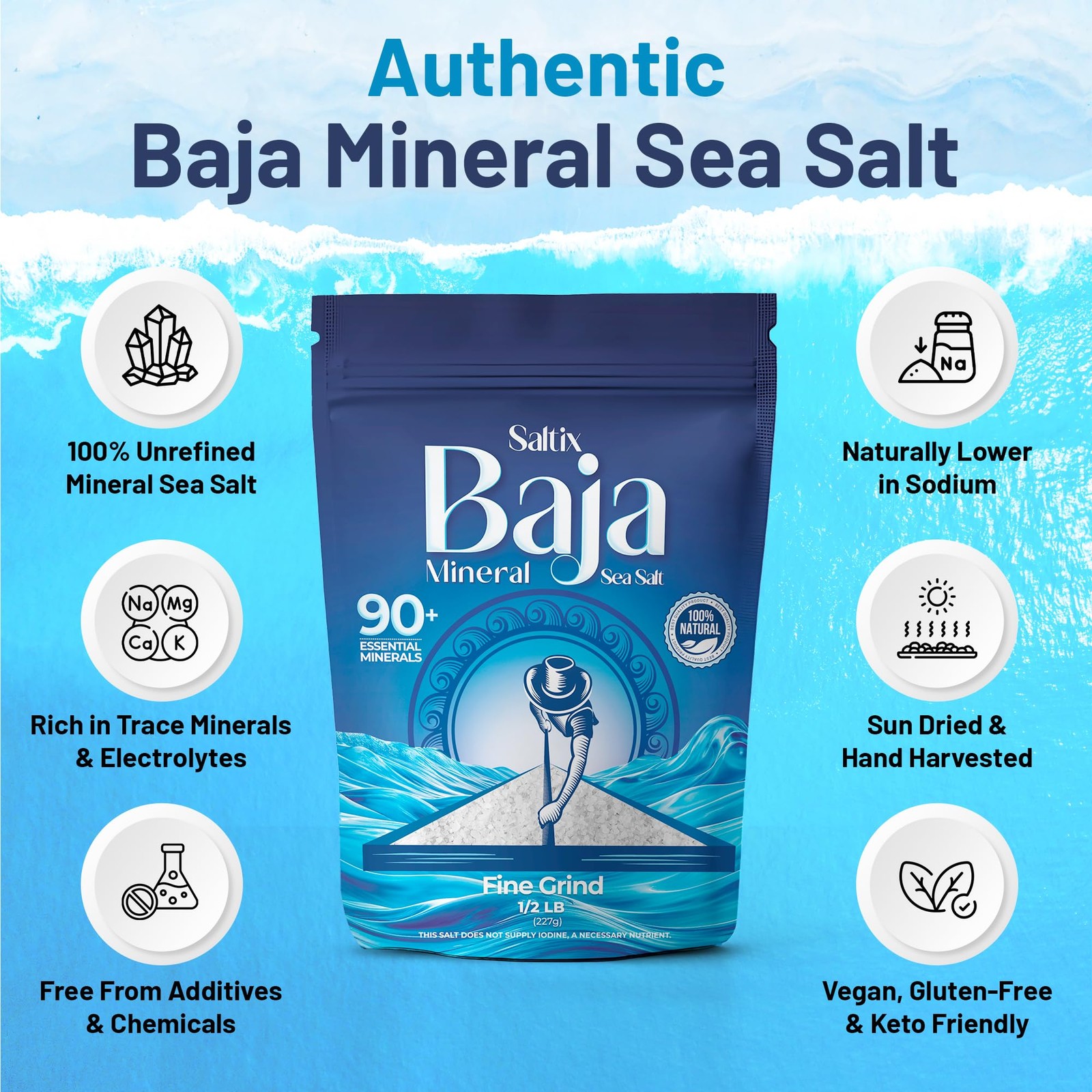 Saltix Baja Mineral Sea Salt – Fine Grind 1 Lb 160+ Servings – 100% Natur…
