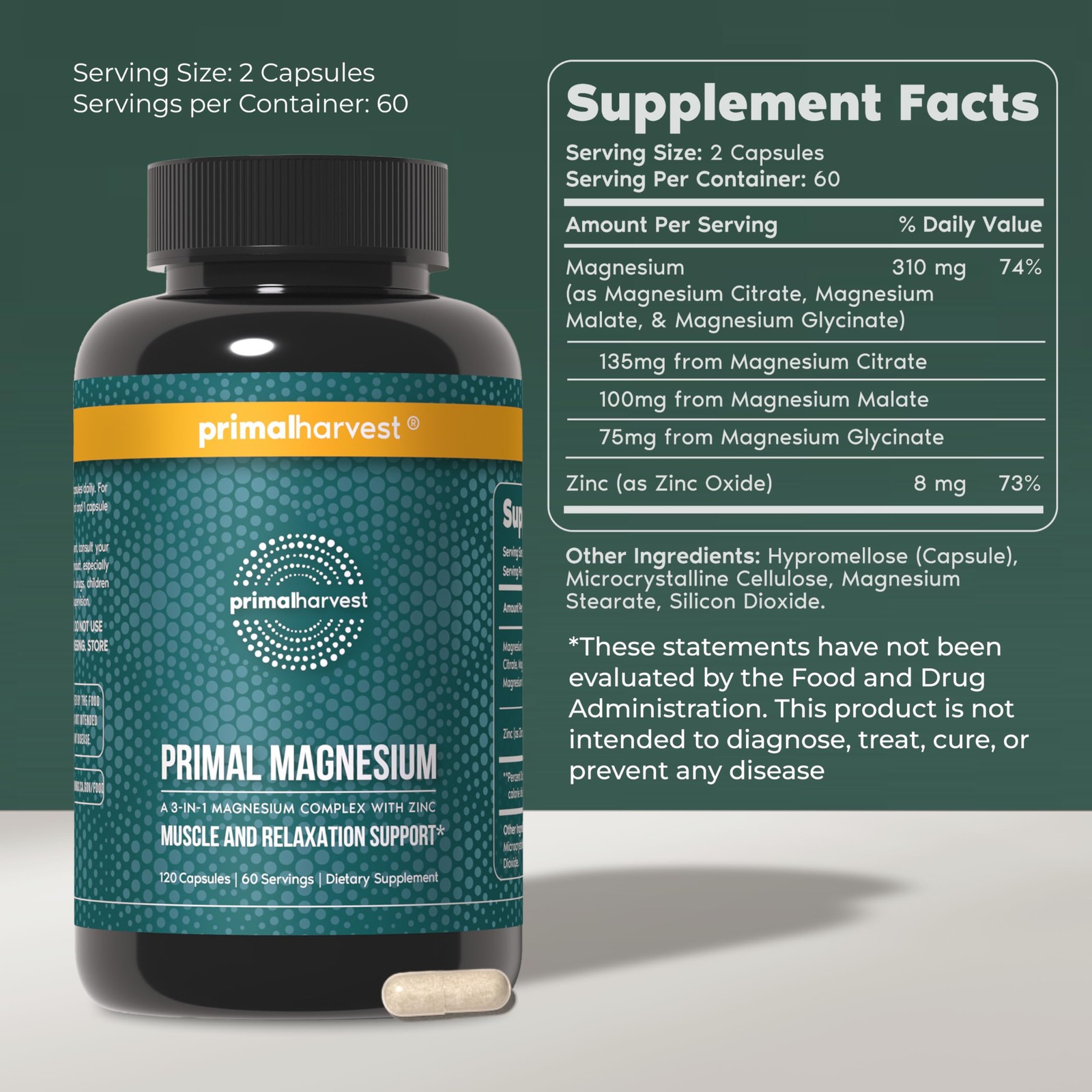 Magnesium Supplement Complex 310mg by Primal Harvest 120 Count (Pack of 1)