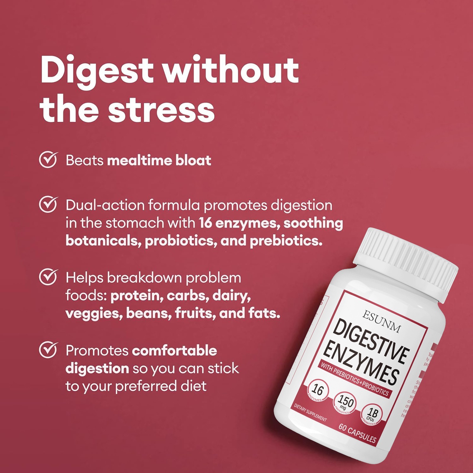 ESUNM Digestive Enzymes,With Prebiotics Probiotics,Dietary Supplement 60ct