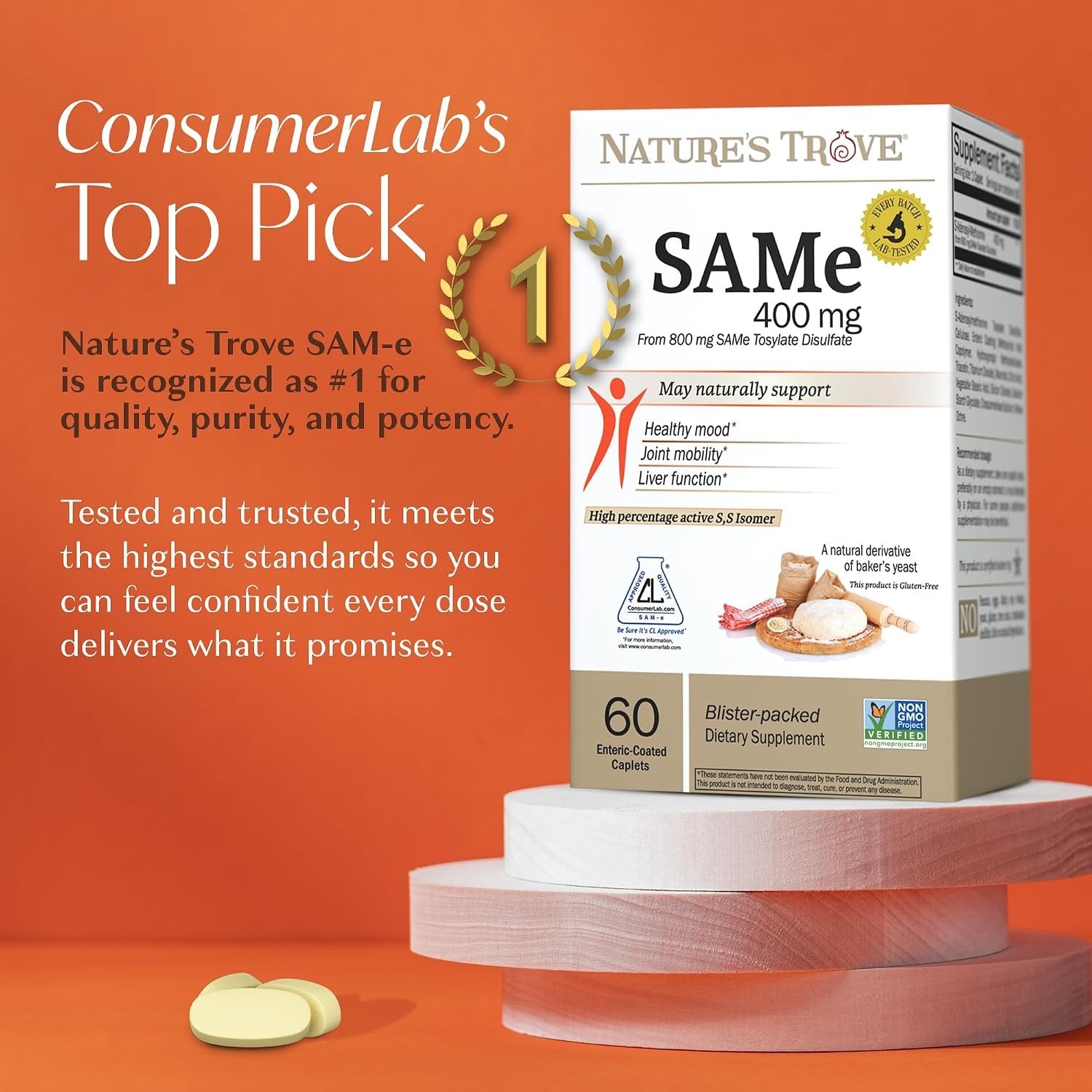 Nature’s Trove SAM-e 400mg 60 Enteric Coated Caplets Vegan Kosher Non-GMO