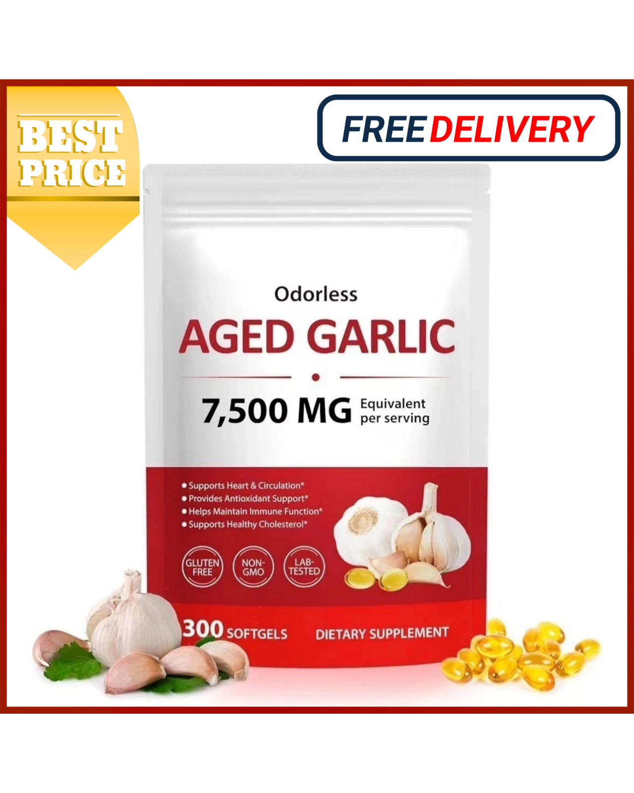 Odorless Garlic 7500Mg per Servings, 300 Softgels 2 Years Aged Garlic