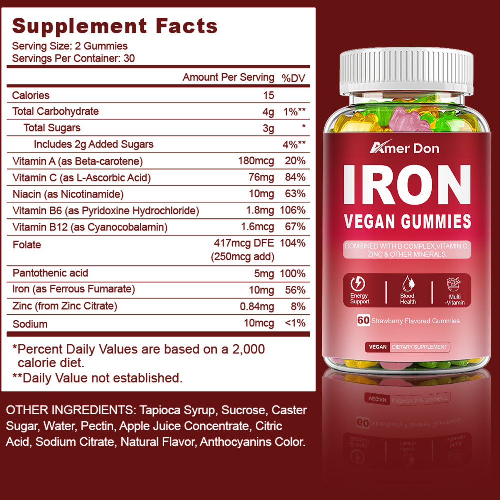 Iron Gummies – with Vitamin C – Energy and Immune Support Hemoglobin Production