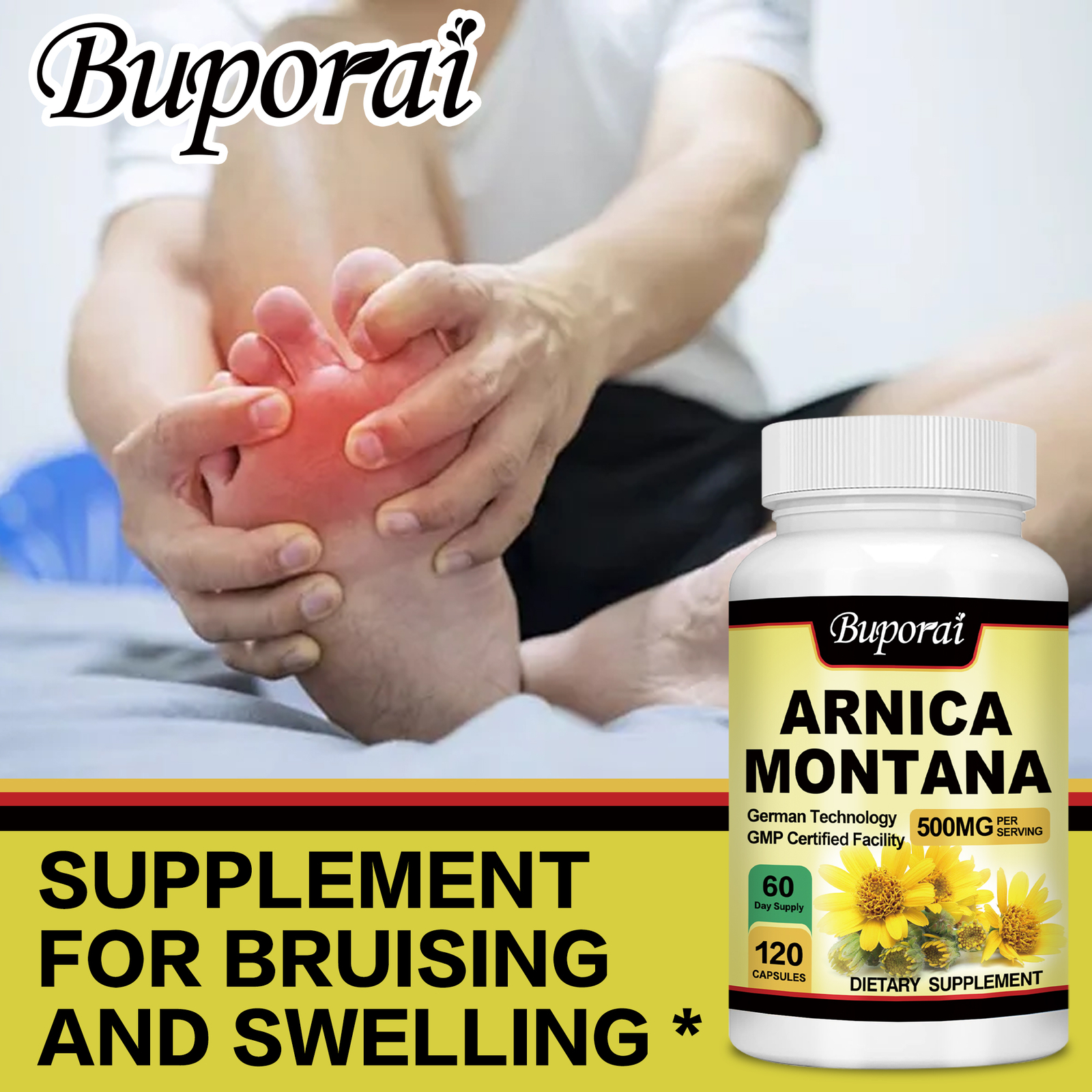 Arnica Montana 500mg -Reliever for Swelling & Bruises, Anti-Inflammatory Support