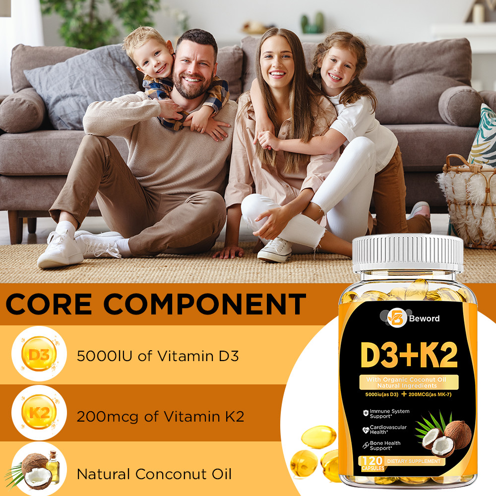 Vitamin D3 5000IU and K2 MK-7 200mcg – 120 Capsules – Immune Support Wellness-