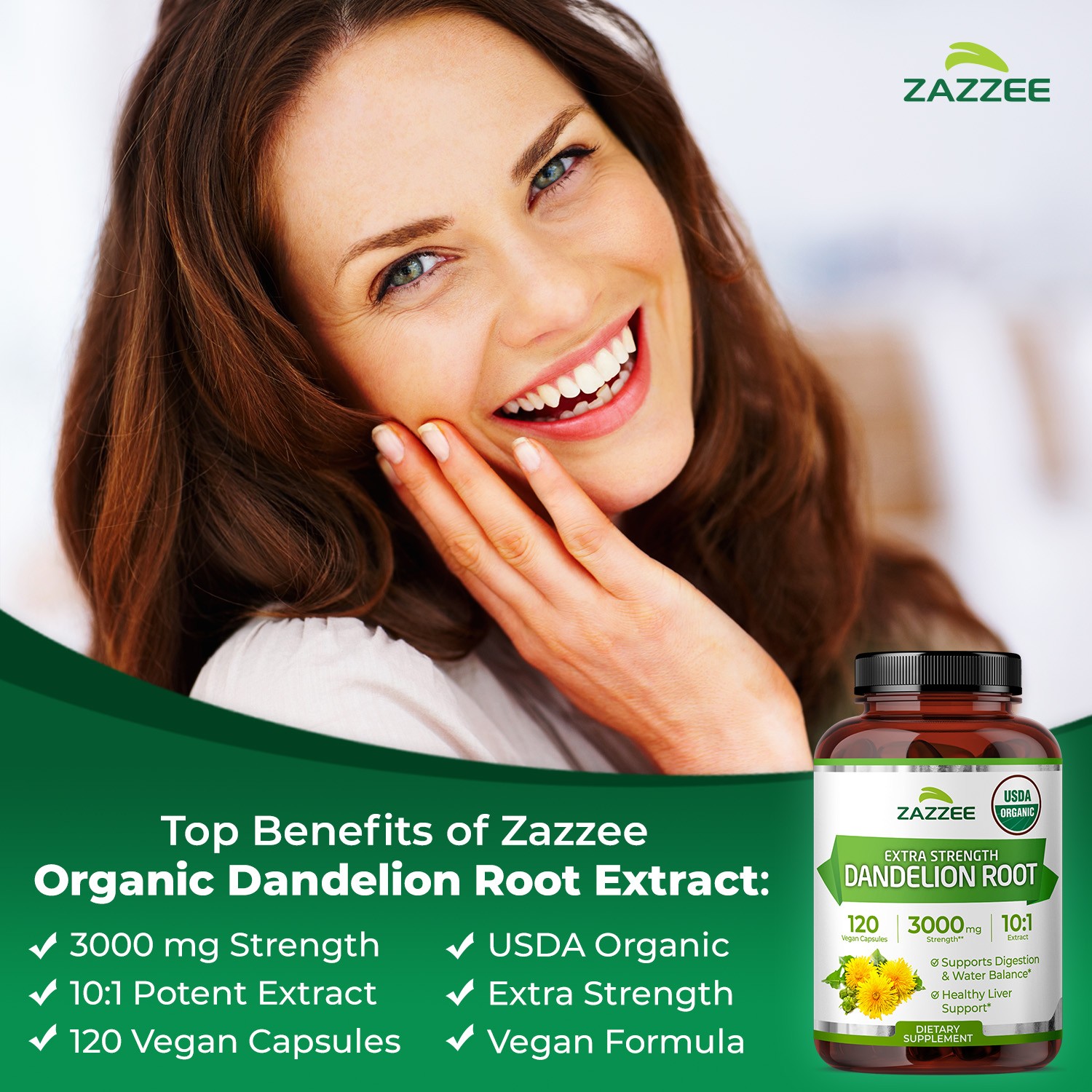 Zazzee USDA Organic Dandelion Root 10:1 Extract, 3000 mg Strength, 120 Capsules