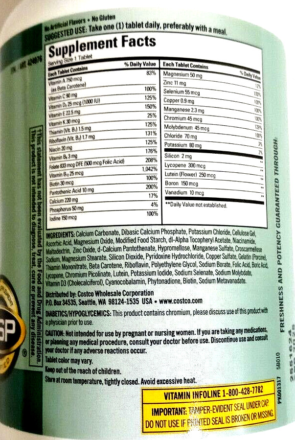 Kirkland Signature Adult 50+ Mature Multi Vitamins/Minerals 400tabs EXP 09-2025