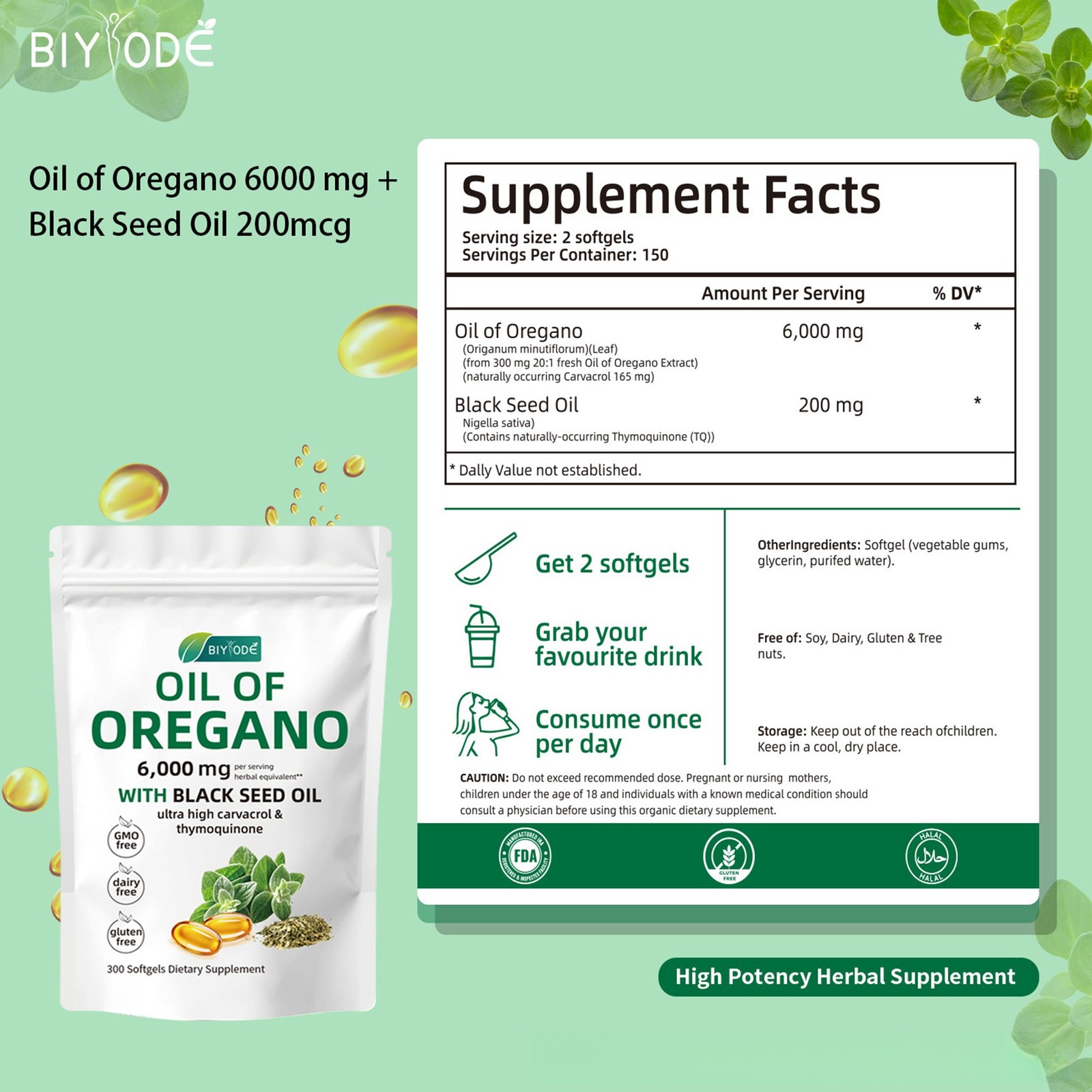 Oil of Oregano 6000 mg 300 Softgels Capsules Black Seed Oil Immune Antioxidant