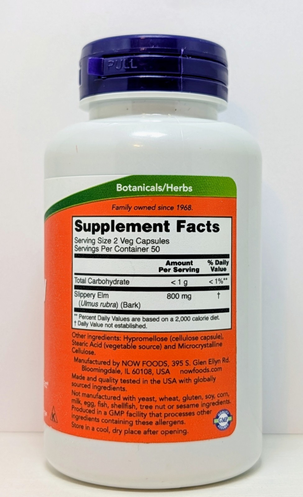 NOW Slippery Elm 400 mg Ulmus Rubra Bark 50 Servings Exp 07/28 Soothe GI Tract