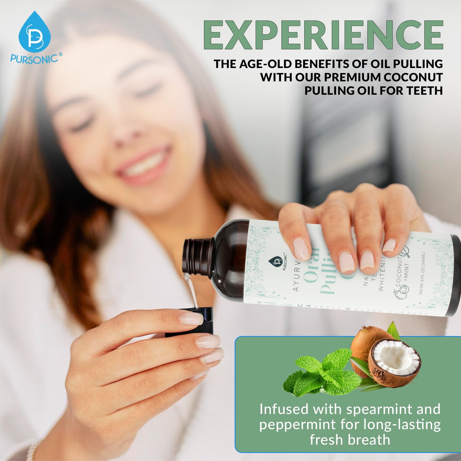 Pursonic Mint & Coconut Oil Pulling for Teeth 8 Fl Oz (Pack of 1), Neutral