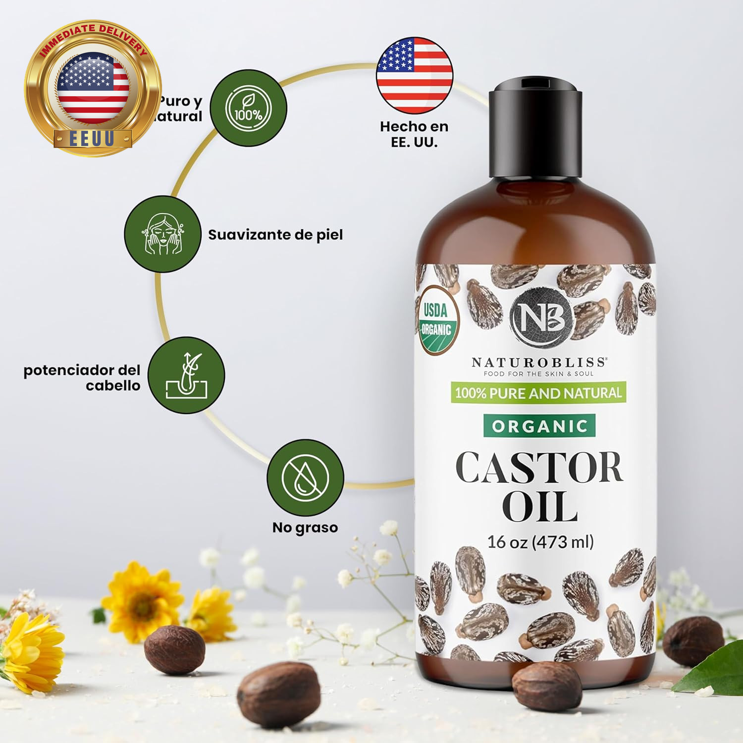 Organic Castor Oil 16 Oz – 100% Pure, Expeller-Pressed, Hexane-Free – Value Size