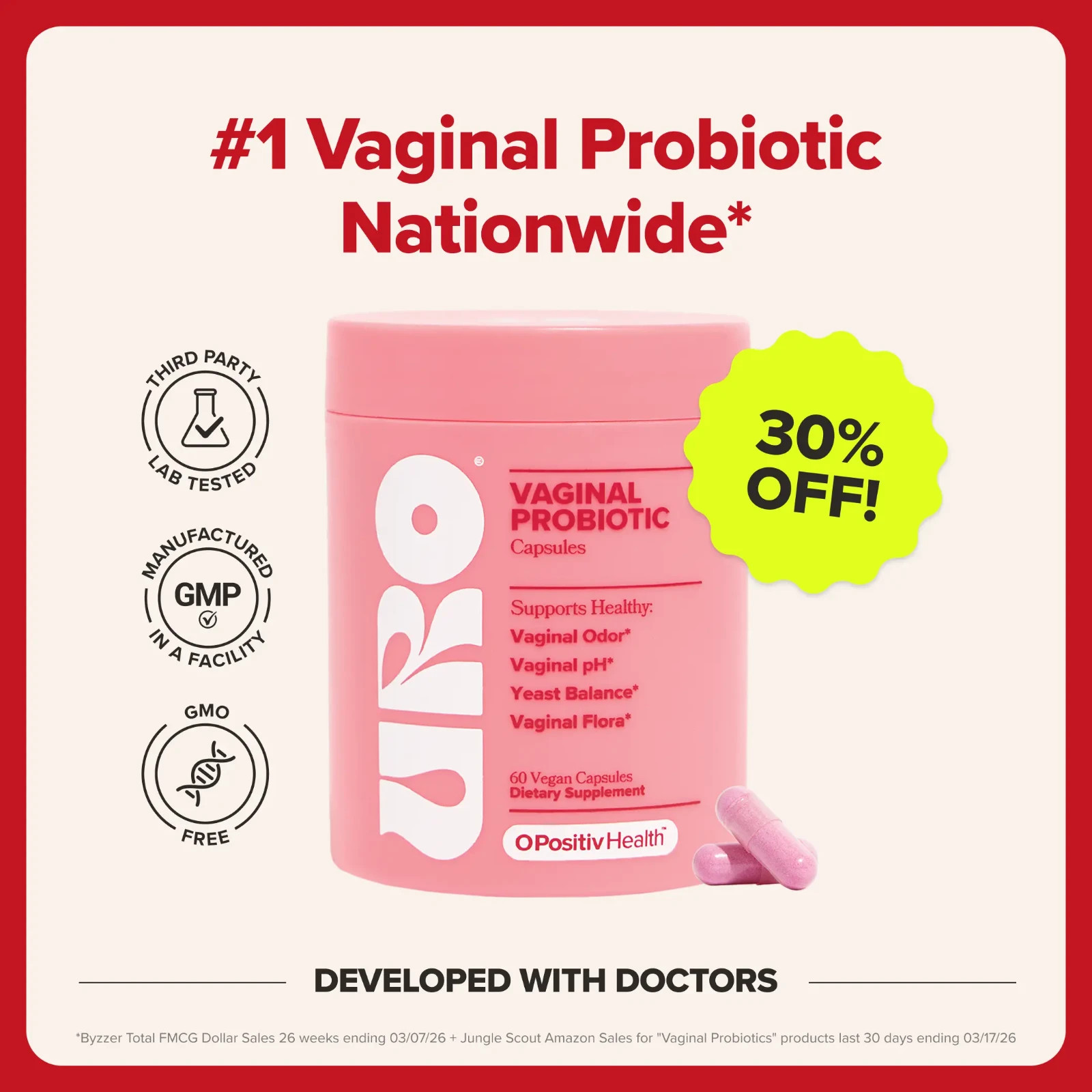 URO Women’s Probiotics 60 Capsules Prebiotic Vaginal pH Balance Support Suppleme