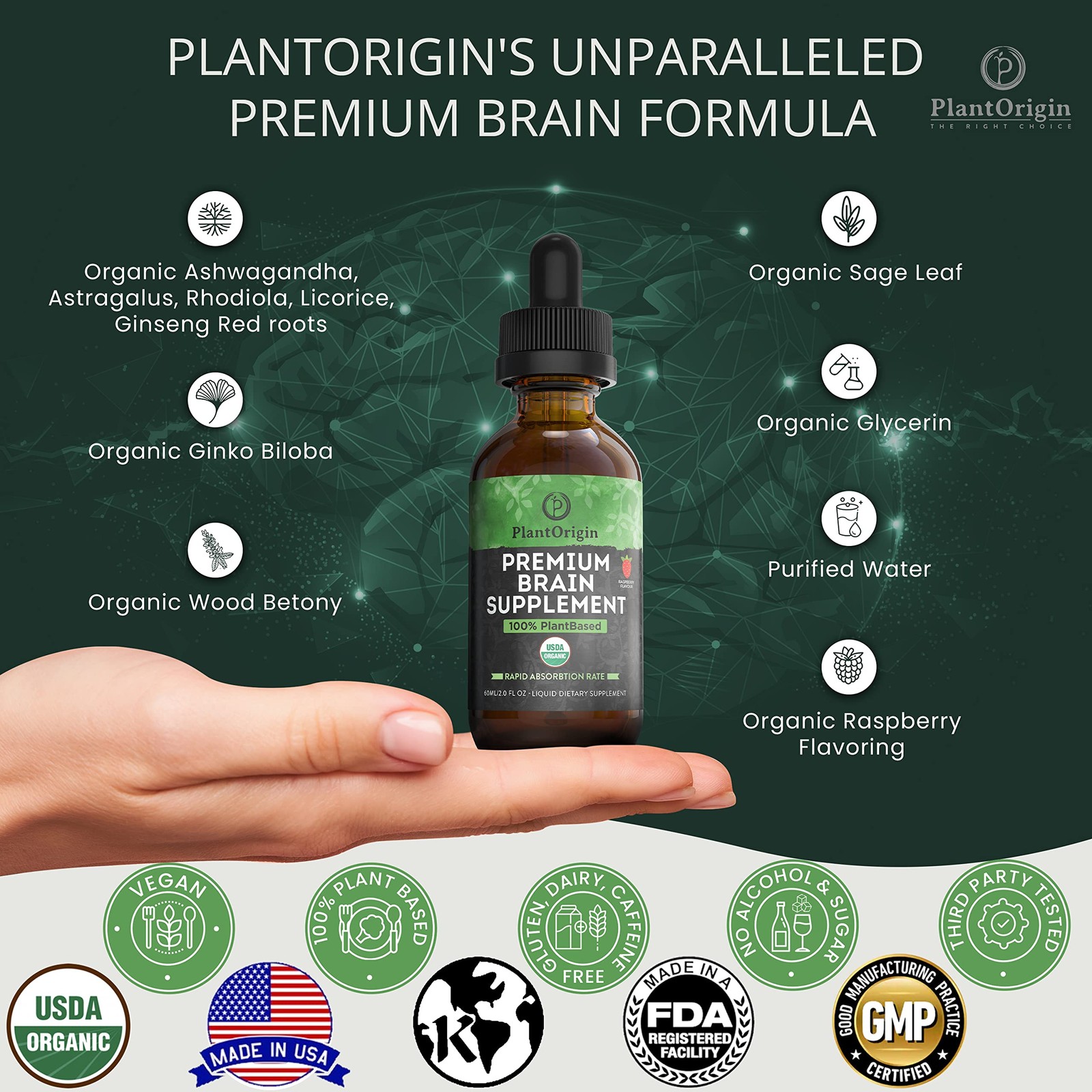 PLANTORIGIN USDA Certified Organic Brain Supplement 2 Fl Oz (Pack of 1)