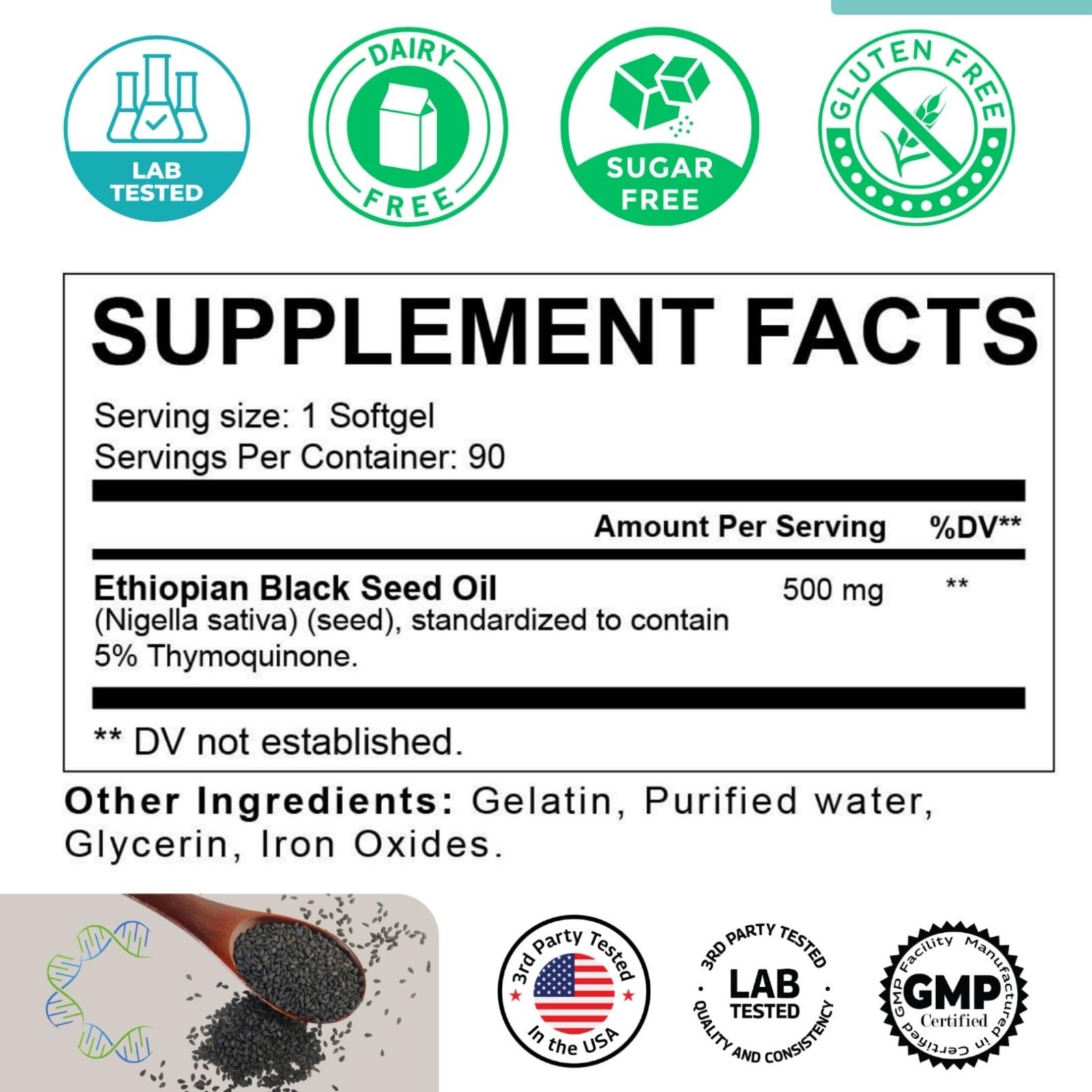 Pure Cold Pressed Black Seed Oil Softgels – 5% Thymoquinone, 500mg, 90 Count