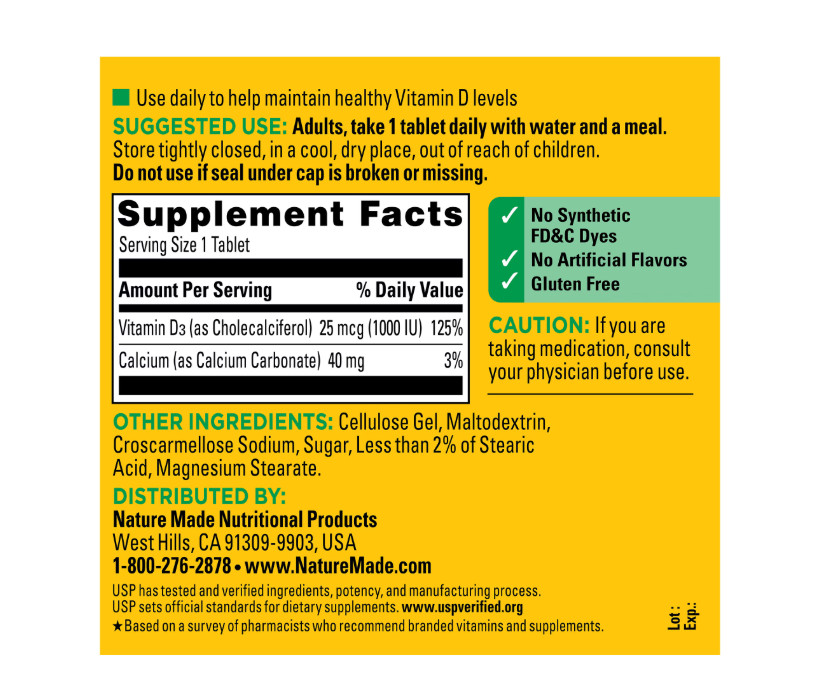 2 PACK Nature Made Vitamin D3 1000 IU Tablets, Vitamin D, Dietary Supplement